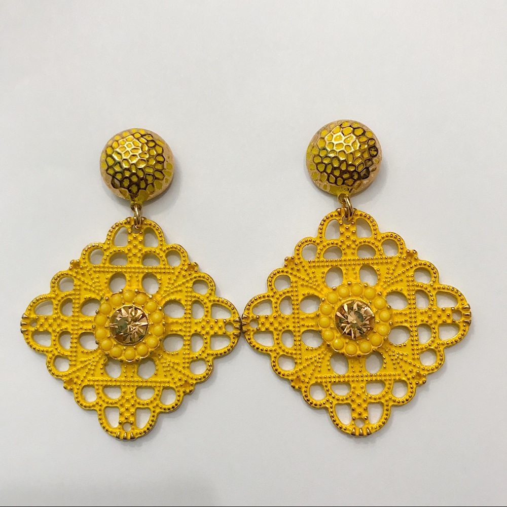 Yellow & Gold Tone Filigree Dangle Earrings